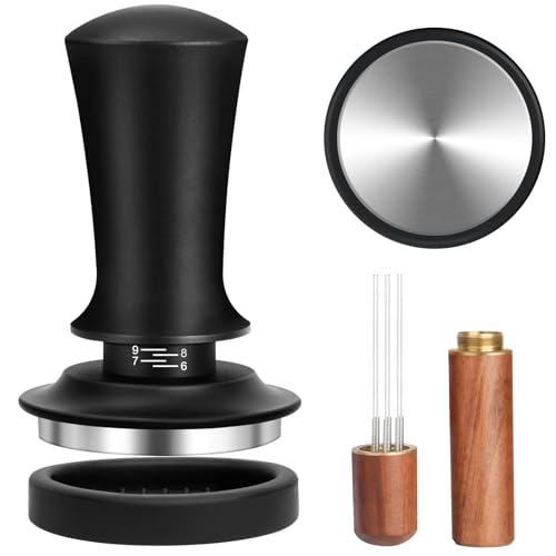 Lnopever Kaffee Tamper Set 51mm,Kaffee Espresso Tamper,Kaffeerührer Werkzeug Espresso,Verteilerwerkzeug mit 6 feinen Nadeln,Walnuss Holzgriff,Espresso siebträger Maschine zubehör,Silber von Lnopever