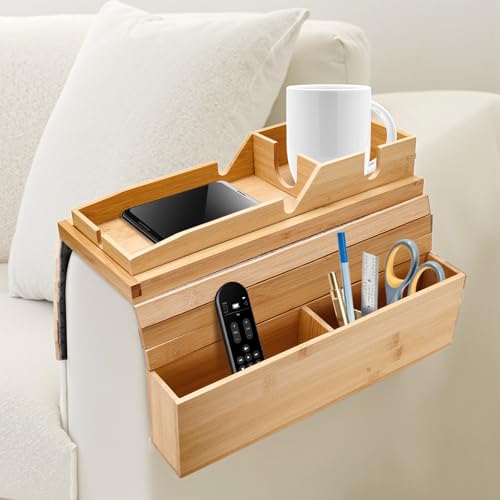 Lnopever Plateau Sofatablett Armlehne,Bambus Sofa Tablett Sofa Ablage,Faltbares Couch Tablett Armlehne, Couch Getränkehalter für Snacks, Handy, Steuerung, Tassen, flexibel und faltbar von Lnopever