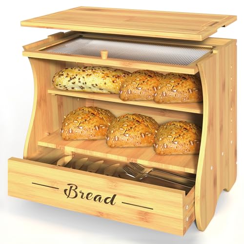 Lnrkai Brotkasten Brotkasten für Küchenarbeitsplatte, Doppelschicht Bambus Brotkästen für Küchentheke, große Kapazität Brotaufbewahrung von Lnrkai