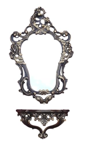 Lnxp 2-teiliges Set in Schwarz Gold Dualcolor bestehend aus Wandspiegel + Wandkonsole Oval Barock Antik 50x76cm Flur Eingangsmöbel Möbel Konsole Ablage Spiegel + Wandregal von Lnxp