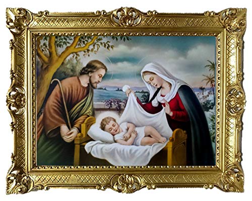 MARIA JOSEF UND JESUS IN BETHLEHEM Gemälde Antik Barock Rahmen Barockrahmen mit Bild Wandbild 70x90cm Kunstdrucke Gemälde Religiöse Bilder Kunst von Heiligen Retro Repro für Home Büro Praxis Café 58B von Lnxp