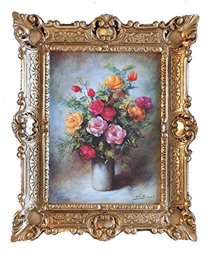 Lnxp Wunderschönes Gemälde Stillleben 56x46 cm Bilder Barock Antik Repro Rahmen Blumen Vase Rose Rot Blumenparadise 50B von Lnxp