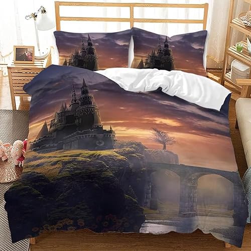LoCzek Bettwäsche 135x200 Schloss Bettbezug 135 x 200 Dunst 2er Set für Kinder, Mikrofaser Bettwäsche Set und 1 Kissenbezug 80x80, Weiche Atmungsaktive Bettwäsche-Sets mit Reißverschluss von LoCzek