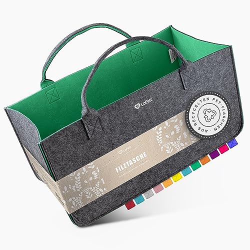 LoFelt® Filztasche, Holzkorb, Brennholzkorb, Kaminholz, aus 100% recyceltem Plastik/Filztasche groß geeignet als Filz Einkaufstasche, Kaminholztasche, Filzkorb, Dunkelgrün von LoFelt