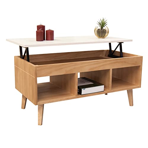 LoMasCasa - Couchtisch, höhenverstellbar, Kollektion Karla 11 aus Massivholz aus natürlichem Kiefernholz, nordischer Stil in Holz und Weiß, mit DREI Löchern und Maßen 100 x 50 x 47 cm von LoMasCasa