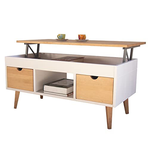 LoMasCasa Karla Couchtisch, höhenverstellbar, mit 2 Schubladen, zentraler Ausschnitt, Kiefernholz, Weiß und Holz, konische Beine, Maße 100 x 50 x 47 cm von LoMasCasa