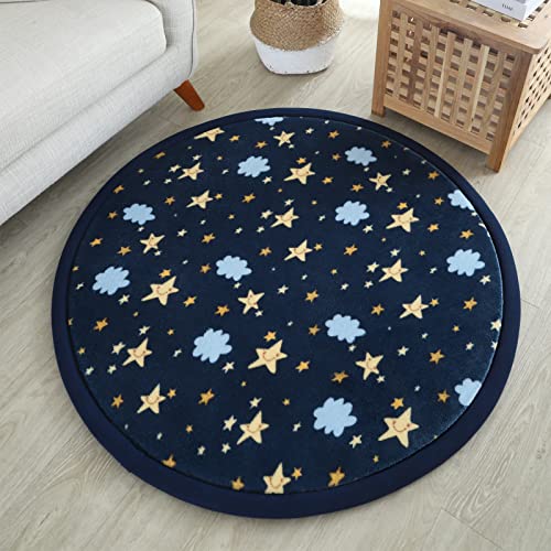 Loartee korallenrote Samtmatte Teppich Rund, als Krabbeldecke fürs Kind,2,5cm Dicker Kinderteppich,Stern blau,120cm von Loartee
