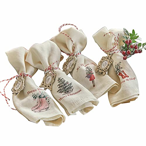 LOBERON Serviette 4er Set Merry & Bright, liebevolle Weihnachtsmotive, nostalgischer Charme, nachhaltig & stimmungsvoll, Weihnachten, Weihnachtstextilien, Tischwäsche, Leinen, weiß/rot von Loberon