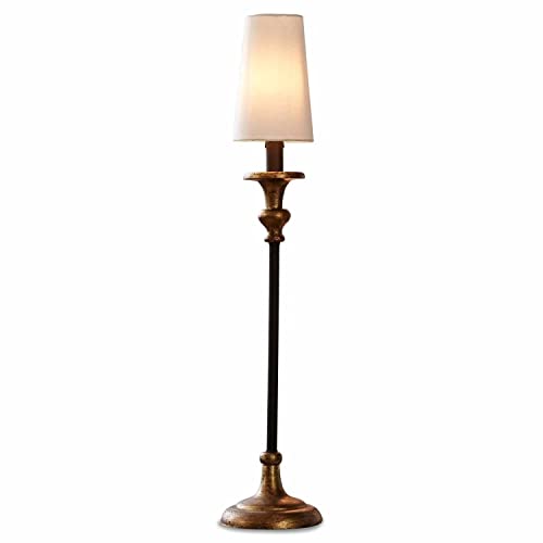 LOBERON Tischlampe Ducey, schlanke, hohe Statur, gedrechselte Standfuß, klassischer Stil, Antik-Finish, Tischleuchte, Baumwolle, Mangoholz, Eisen, creme/antikgold von Loberon