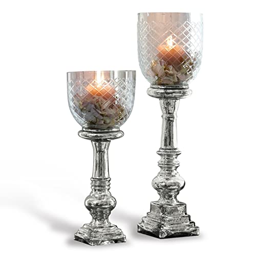 LOBERON Windlicht 2er Set Layci, majestätische Wirkung, feiner Rautenschliff, Antik-Finish, Kerzenhalter, für Teelichter oder Stumpenkerzen, Glas, Silber/klar von Loberon