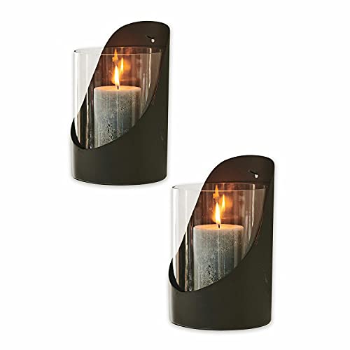 LOBERON Windlicht 2er Set Paillon, Zeitloser Industrial-Style, formschönes Design, einfache Wandbefestigung, für Teelichter oder Stumpenkerzen, Eisen, Glas, schwarz/klar von Loberon