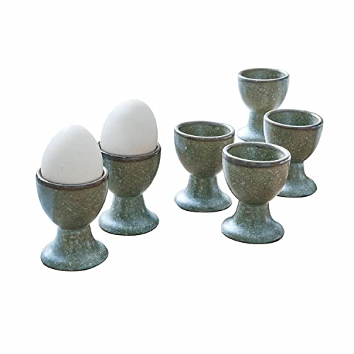 LOBERON Eierbecher 6er Set Biarré, aus Steingut mit Zierendem Farbrand - Handgetöpfert - Glänzende Oberfläche - 6.5cm, türkis/braun von Loberon