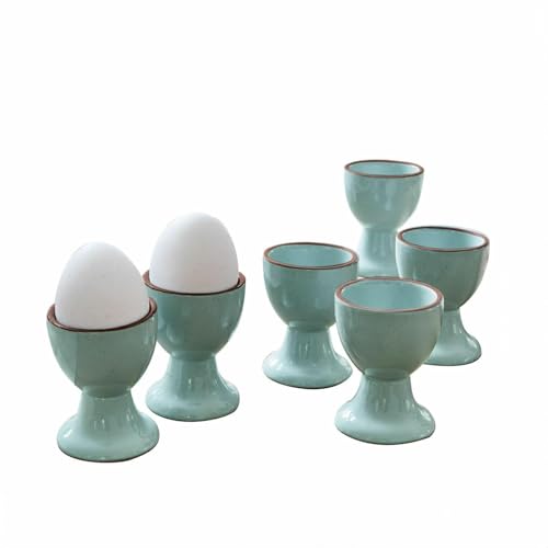 LOBERON Eierbecher 6er Set Biarré - Steingut mit Zierendem Farbrand - Handgetöpfert - Glänzende Oberfläche - 6.5cm, türkis von Loberon