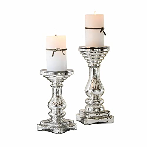 LOBERON Kerzenständer 2er Set Heloise, Zwei Größen, Elegantes Bauernsilber-Finish, romantische Atmosphäre, für Stumpenkerzen, Kerzenhalter, Kerzenleuchter, Glas, Stahl, antiksilber von Loberon