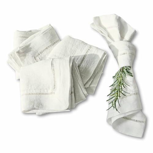 LOBERON Serviette 4er Set Covent Garden, stilvolle Hohlsaumstickerei, strapazierfähig & langlebig, wiederverwendbar, Tischdeko, Tischwäsche, Leinen, weiß von Loberon