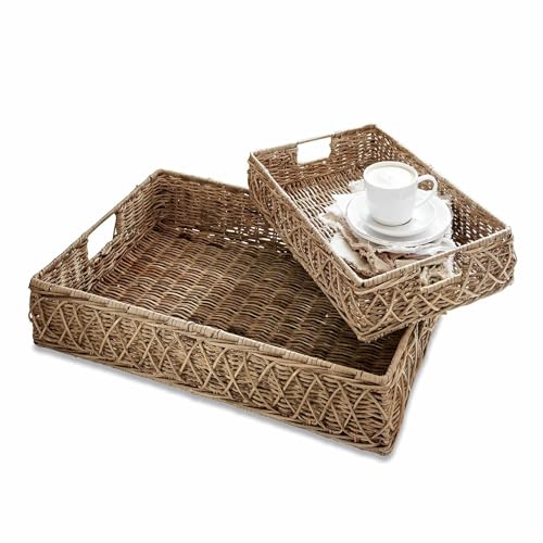 LOBERON Tablett 2er Set Cordillera, zwei Größen, Handgeflochten, Natürliche Optik, Wohn-Accessoires, Tischaccessoires, Rattan, Eisen, braun von Loberon