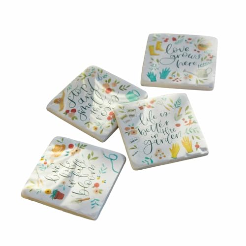 Loberon Untersetzer 4er Set Happy, mit fröhlichen Motiven & Sprüchen, ideal für Balkon & Terrasse, Tischaccessoires, Polyresin, bunt von Loberon