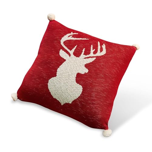 Loberon Kissen Deerhurst, Hirsch-Motiv, klassisch Festliche Farbtöne, weicher Strick, Chalet-Stil, Zierkissen, Weihnachtdekoration, Baumwolle, Polyester, rot/beige von Loberon