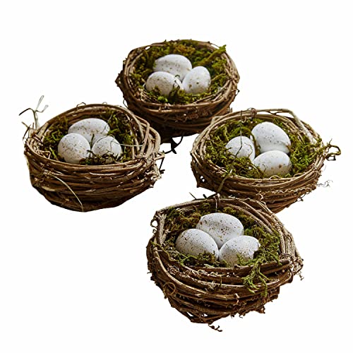 Loberon Nest mit Eiern 4er Set Trista, inkl. Geschenkverpackung, je DREI Deko-Eier in einem Nest, Ostern, Osterdekoration, Schaumstoff, Rattan, Moos, braun/weiß von Loberon