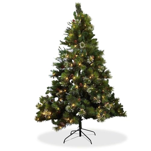 Loberon Weihnachtsbaum Aure, Christbaum mit LED-Lichterkette, mit echten Zapfen, Festliche Deko-Tanne, Kunstnadel-Baum, Weihnachtsdeko, Weihnachten, Eisen, Baumwolle, Kiefernzapfen, grün von Loberon