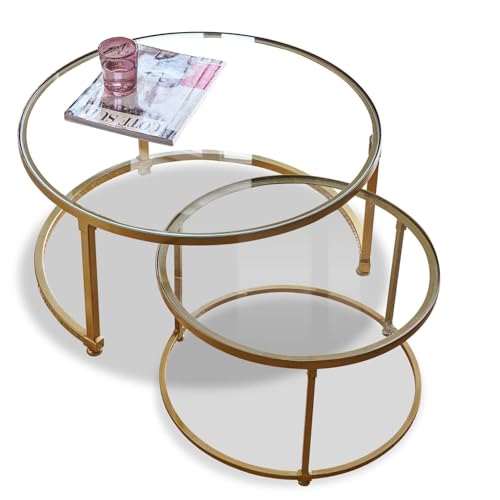 Loberon Couchtisch 2er Set Caraman, Zwei Größen, Ineinander Schiebbar, Nostalgische Optik, Wohnzimmertisch, Sofatisch, Eisen, Glas, Messing/klar von Loberon
