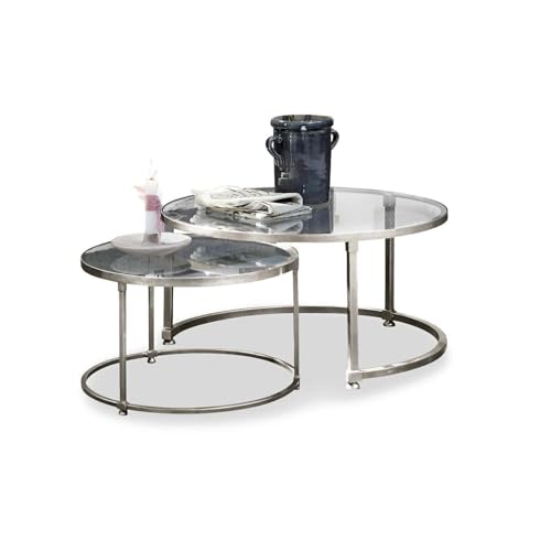 Loberon Couchtisch 2er Set Kabala, Zwei Größen, Ineinander Schiebbar, Wohnzimmertisch, Sofatisch, Aluminiumguss, Glas, Silber von Loberon