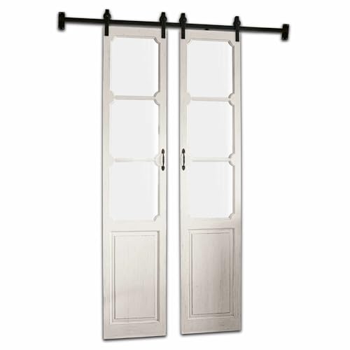 Loberon Doppelschiebetür Tibout, Bezauberndes Antik-Finish, rustikal-Romantisches Flair, Fenster mit Glaseinsätzen, inkl. Stabiler Schiene, Raumteiler, Kiefernholz, Tannenholz, antikweiß von Loberon