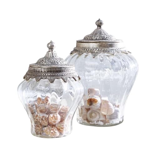 Loberon Glasdosen Set Isaline | Deko Glasbehälter | Aus Mundgeblasenem Glas & Messing | Verzierte Deckel | 2 Gläser | ø 11 & 15 cm, klar von Loberon