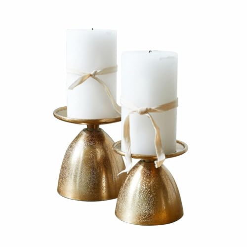 Loberon Kerzenständer 2er Set Karimah, Zwei Größen, Modernes Design, für Stumpenkerzen, Kerzenhalter, Dekoration, Aluminiumguss, Champagner von Loberon
