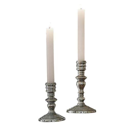 Loberon Kerzenständer 2er Set Plenivo, Zwei Größen, Markante Oberflächenstruktur, für Stabkerzen, Kerzenhalter, Dekoration, Aluminiumguss, Silber von Loberon