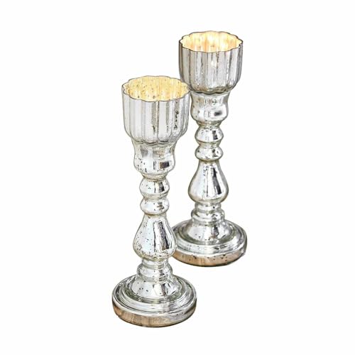 Loberon Kerzenständer 2er Set Velanor, Mundgeblasen, Glänzendes Bauernsilber-Finish, Anmutige Form, Kerzenhalter, Dekoration, Glas, antiksilber von Loberon