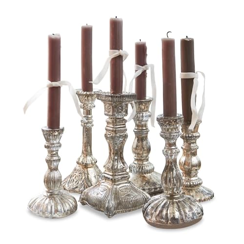 Loberon Kerzenständer Set Adolpha - Kerzenhalter Stabkerze - Deko Weihnachten - Aus Glas - Antiksilber - Unterschiedliche Größen - 6 Stück von Loberon