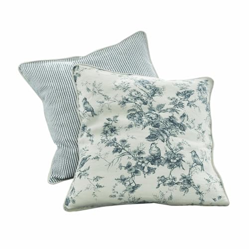 Loberon Kissen 2er Set Emilie, mit Web- und Printmuster, kuschelig weich, perfekt abgestimmtes Duo, Wohntextilien, Wohn-Accessoires, Leinen, Polyester, blau/Creme von Loberon