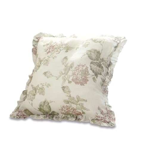 Loberon Kissenhülle Mathea, mit floralem Print, dekorativer Volantabschluss, Romantik-Look, Kissenbezüge, Wohn-Accessoire, Leinen, Baumwolle, weiß/rosa von Loberon