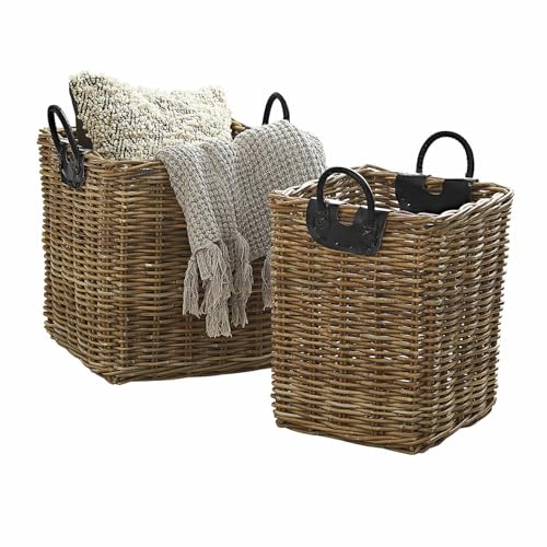 Loberon Korb 2er Set Serendel, Zwei Größen, Handgeflochten, Ineinander Stapelbar, Seitliche Griffe, Natürliche Note, Aufbewahrung, Ordnungshelfer, Rattan, Rindsleder, braun von Loberon