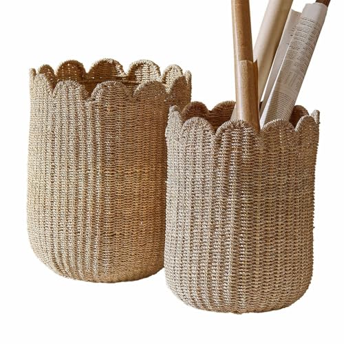 Loberon Korb 2er Set Velourette, Zwei Größen, Handgeflochten, Stilvoller Landhaus-Look, mit Gewelltem Rand, Ordnungshelfer, Aufbewahrung, Seegras, Eisen, braun von Loberon
