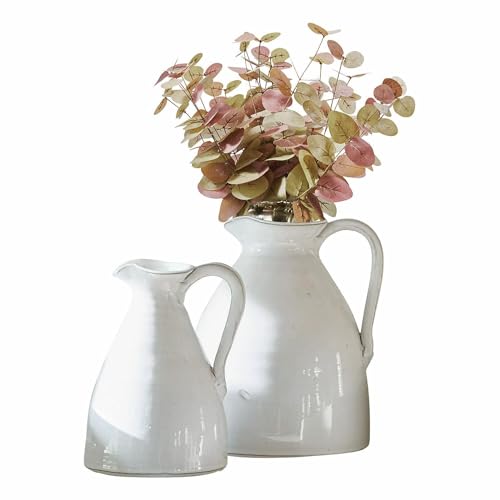 Loberon Krug 2er Set Yarick, unterschiedliche Größen, handgetöpfert, in Handarbeit lasiert, Blumenvase für Schnittblumen oder Trockenblumen, Terrakotta, weiß von Loberon