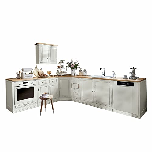 Loberon Küchenzeile Évreux, Pappelholz, Keramik, Furnierschichtholz, H/B/T ca. 89/330/180 cm, weiß/braun von Loberon