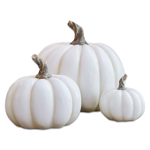Loberon Kürbis 3er Set Elrik - weiß - Herbstliche Deko aus Polyresin im Antik-Look - Verschiedene Größen - Naturnahes Design - Handgefertigt von Loberon