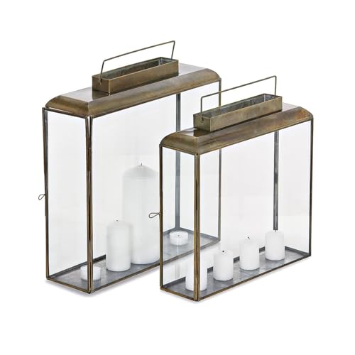 Loberon Laterne 2er Set Estrelle, Zwei Größen, geradliniges Industrial-Design, natürliche Patina, für Teelichter oder Stumpenkerzen, Outdoor Laterne, Eisen, Glas, Bronze von Loberon