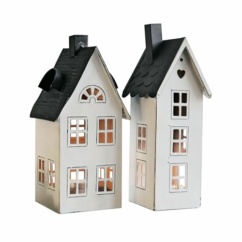 Loberon Laterne 2er Set Gunar - 2 Größen - Deko Windlicht für Teelichter - Kerzenhalter aus Lackiertem Eisen - Lichthäuser - Landhaus-Stil, antikweiß/schwarz von Loberon