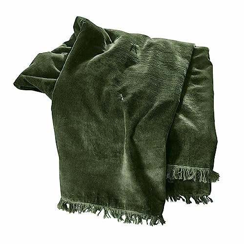 Loberon Plaid Maelis, schimmernder Glanz, hübsche Fransen, Tagesdecke, Überwurf, Kuscheldecke, Baumwollsamt, Baumwolle, dunkelgrün von Loberon