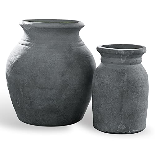 Loberon Vase 2er Set Molduc, Zwei unterschiedliche Designs, rustikaler Chic, dunkle Oxidations-Patina, erdige Nuancen, Blumenvase für Zweige, Terrakotta, antikgrau von Loberon
