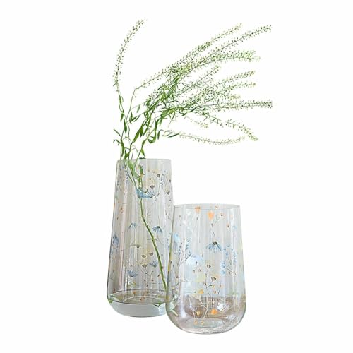 Loberon Vase 2er Set Nervila, Zwei Größen, Handbemalt mit Unterschiedlichen Blumenmotiven, Mundgeblasen, Blumenvase, Dekoration, Glas, klar/bunt von Loberon