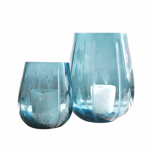 Loberon Windlicht 2er Set Danisar, Zwei Größen, mundgeblasen, hangeschliffenes Muster, gedämpftes Licht, Wohn-Accessoires, Glas, blau von Loberon