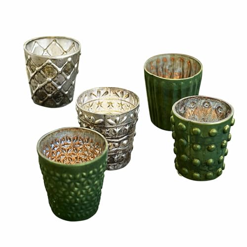 Loberon Windlicht 5er Set Morazan, stilvolles Antik-Finish, faszinierende 3D-Verzierungen, Dekoration, Teelichthalter, Glas, grün/braun von Loberon