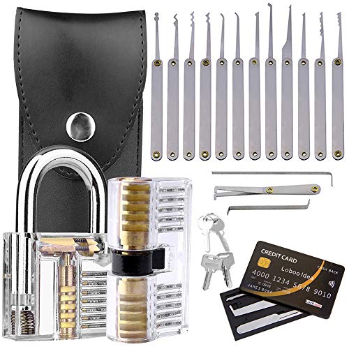 Loboo Idea 22-teiliges Dietrich-Set, 15-teiliges Vorhängeschloss Picking Tools Kit, 5-teiliges Kreditkarten-Lockpicking-Werkzeug-Set und 2 transparente Trainingsschlösser für Anfänger und von Loboo Idea