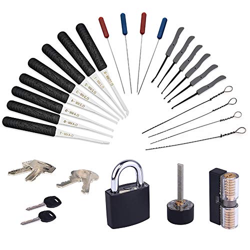 Loboo Idea 22-teiliges Schlosser-Werkzeug-Set zum Entfernen von zerbrochenen Schlüsseln, Haken zum Entfernen von Schlüsseln und 3 transparentes Vorhängeschloss mit schwarzem Holste. von Loboo Idea