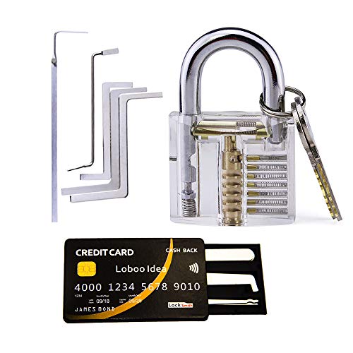 Loboo Idea Transparentes Übungs-Vorhängeschloss mit 10 Stück Locksmith Lock Pick Tools inklusive 5 Stück Locksmith Lock Picking Spannschlüssel Werkzeug Set mit Kreditkarte Lock Picking Tool Kit von Loboo Idea