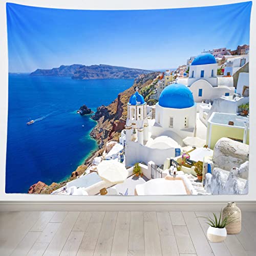 Loccor Griechenland Santorini Island Tapisserie Griechisches Oia Dorf Gebäude Blau Küste Wandteppich Europa Wahrzeichen Wandbehang Ägäis Meer Ausblick Wandkunst für Wohnzimmer Schlafzimmer Wohnheim von Loccor